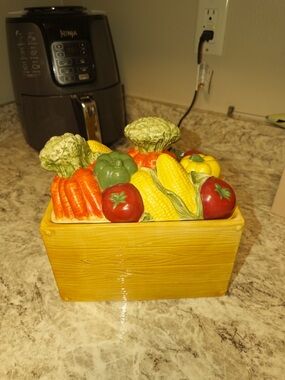 Yellow Ceramic Vegetable Canister with Multi-Color Lid